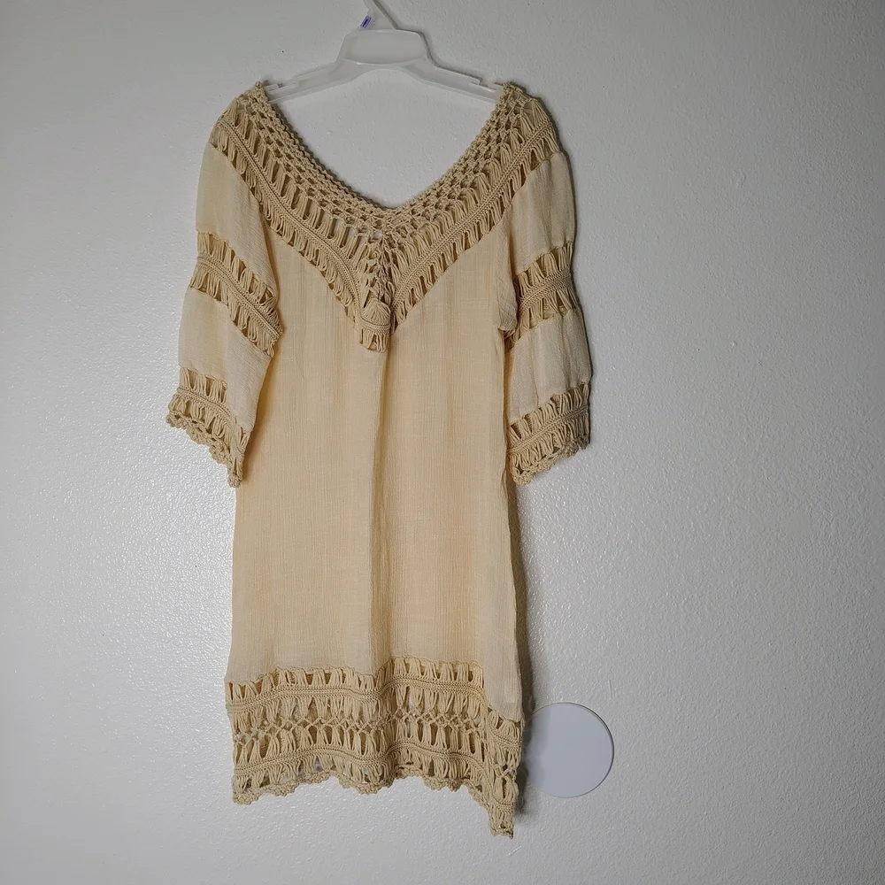 Boho Beige Crochet Mesh Midi Dress Cover Up S/M Solid Neutral Festival Beach - Picture 9 of 15